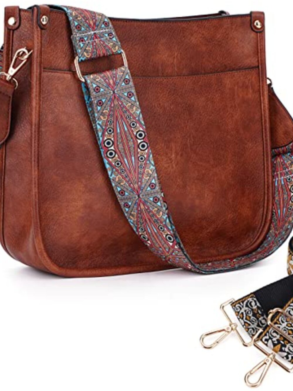 Vegan Leather Crossbody Hobo Bag with 2 Adjustable Leopard Guitar Straps